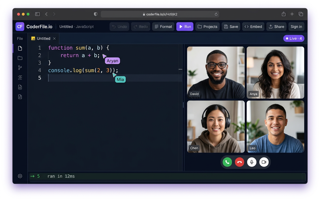 CoderFile collaborative code editor with live video calls and real-time cursors